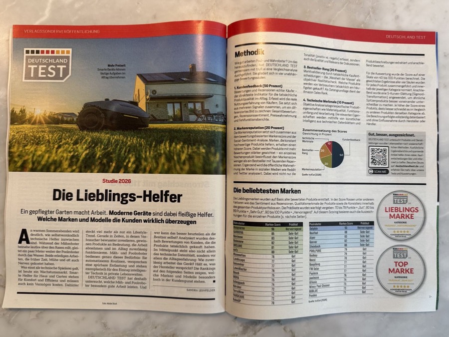 Aufgeschlagene DEUTSCHLAND TEST/FOCUS-Studie „Die Lieblings-Helfer" mit Methodik und Ranking